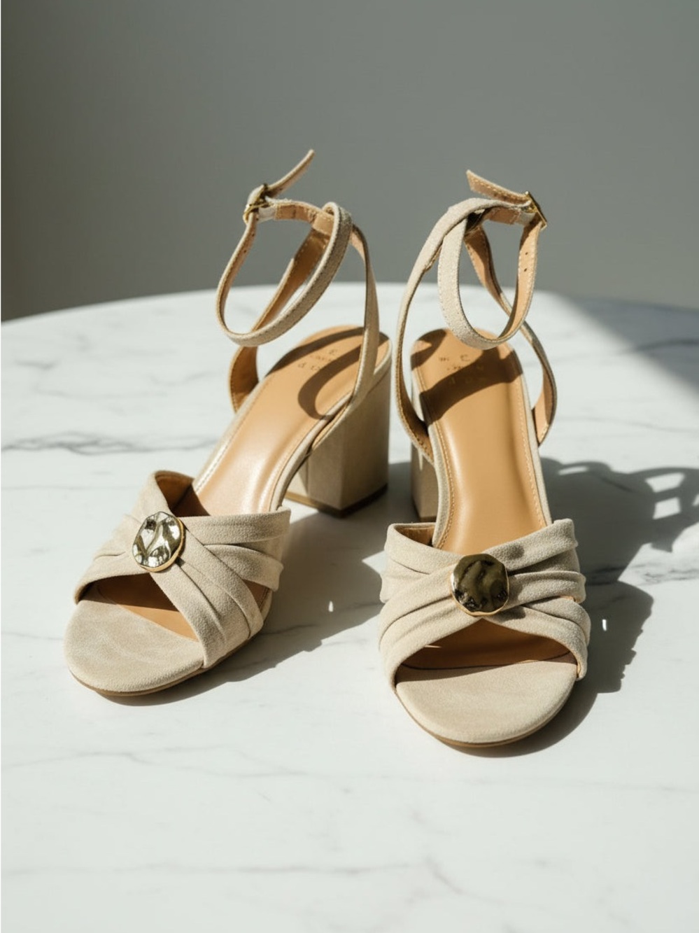 a new day Beige Knotted Ankle-Strap Heels with Decorative Button - Picture 2 of 8